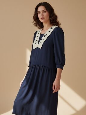 Vintage 80s Perceptions Navy Dress with Cream Contrast Collar